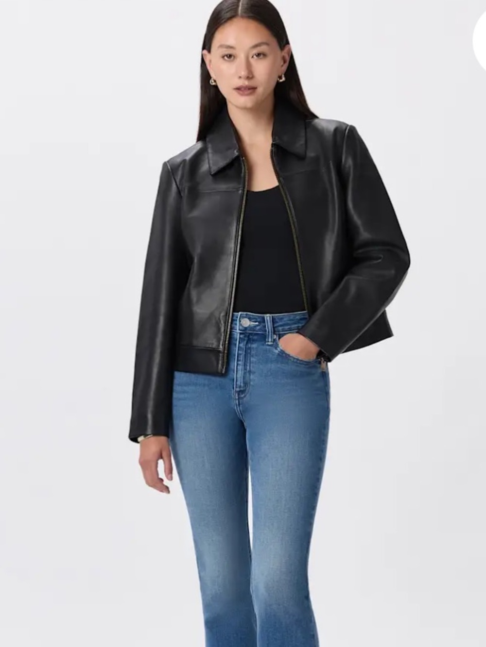 Quince 100% Leather Cropped Zip Front Jacket True Black Medium - Picture 3 of 11